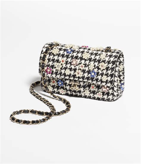 Mini classic handbag, Embroidered tweed, imitation pearls, strass 